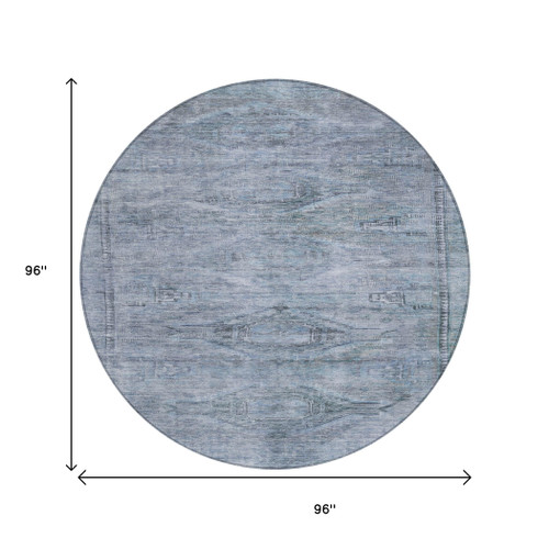 8' Sky Blue And Gray Round Aztec Washable Indoor Outdoor Area Rug