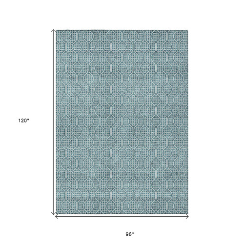 8' X 10' Teal Blue And Ivory Geometric Washable Indoor Outdoor Area Rug
