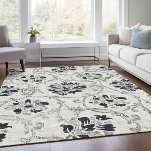 3' X 5' Black Silver And Charcoal Floral Washable Indoor Outdoor Area Rug