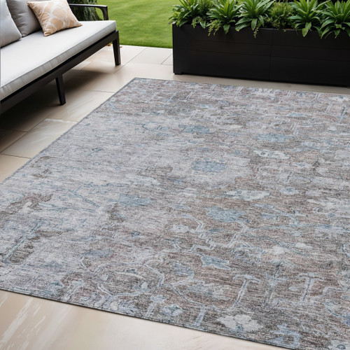 5' X 8' Brown And Blue Oriental Washable Indoor Outdoor Area Rug