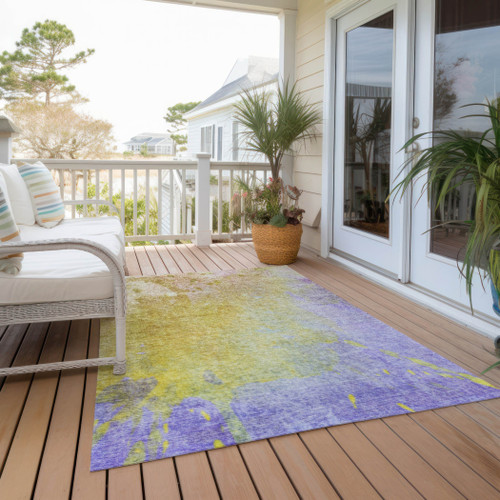 9' X 12' Blue Gold and Wheat Abstract Washable Non Skid Indoor Outdoor Area Rug