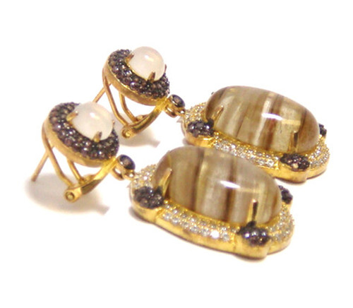 Golden Ruttile Oval Shape Dangle Earrings, 925 Sterling Silver