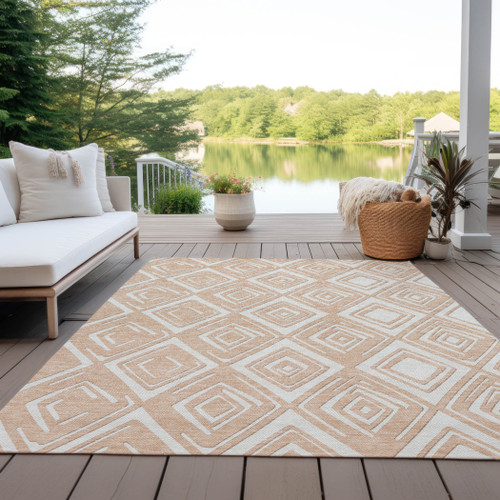 5' X 8' Peach And Ivory Geometric Washable Indoor Outdoor Area Rug