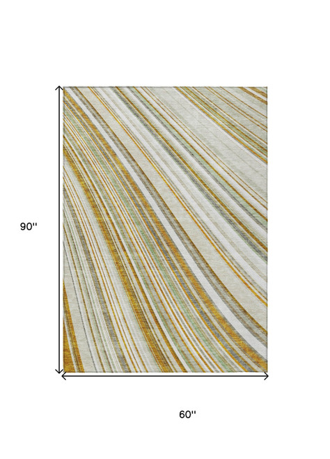 5' X 8' Linen Ivory And Gold Striped Washable Indoor Outdoor Area Rug