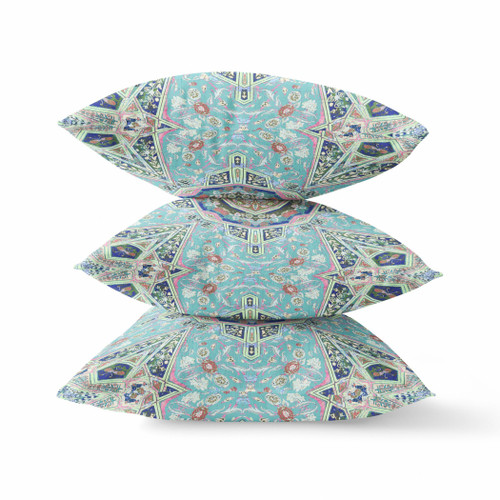26" X 26" Aqua Zippered Geometric Indoor Outdoor Throw Pillow Cover & Insert