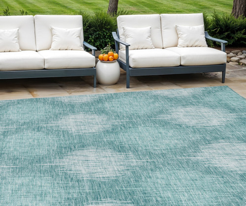 8' X 10' Teal Blue And Mint Green Ikat Washable Indoor Outdoor Area Rug