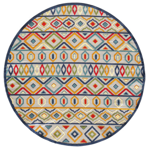 8' Round Ivory And Blue Round Southwestern Stain Resistant Indoor Outdoor Area Rug
