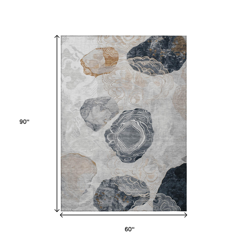 5' X 8' Gray Silver And Gold Floral Washable Indoor Outdoor Area Rug