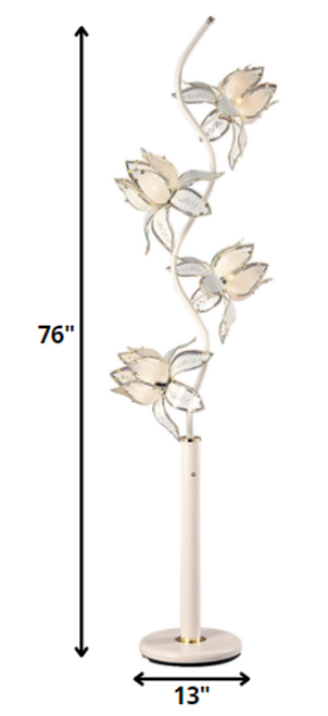 76" White and Gold Four Light Floor Lamp With Frosted Glass Floral Shades