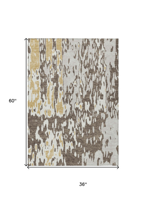 3' X 5' Brown And Ivory Abstract Washable Indoor Outdoor Area Rug