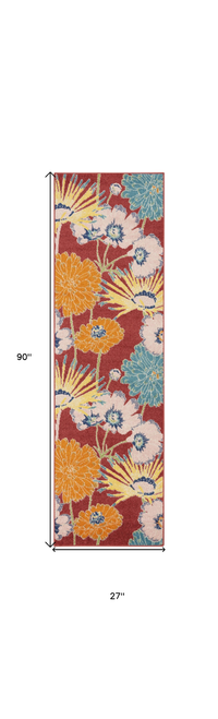 8' Runner Orange and Red Floral Power Loom Runner Rug