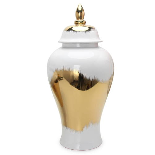 12" White And Gold Modern Abstract Urn Ceramic Ginger Jar