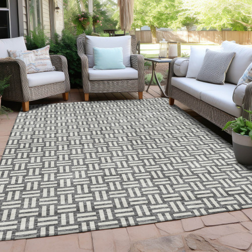 10' X 14' Gray And Ivory Geometric Washable Indoor Outdoor Area Rug