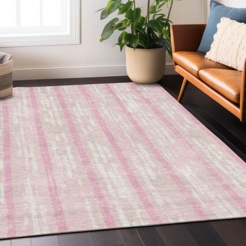 8' X 10' Pink And Ivory Striped Washable Indoor Outdoor Area Rug