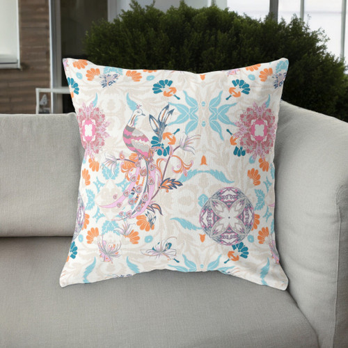 18" Pink Blue Peacock Indoor Outdoor Zip Throw Pillow
