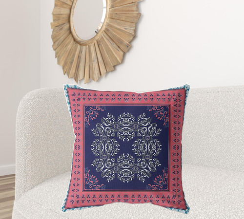 28" X 28" Indigo And Pink Blown Seam Floral Indoor Outdoor Throw Pillow