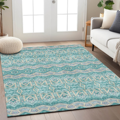 3' X 5' Teal Blue Purple And Gray Moroccan Washable Indoor Outdoor Area Rug