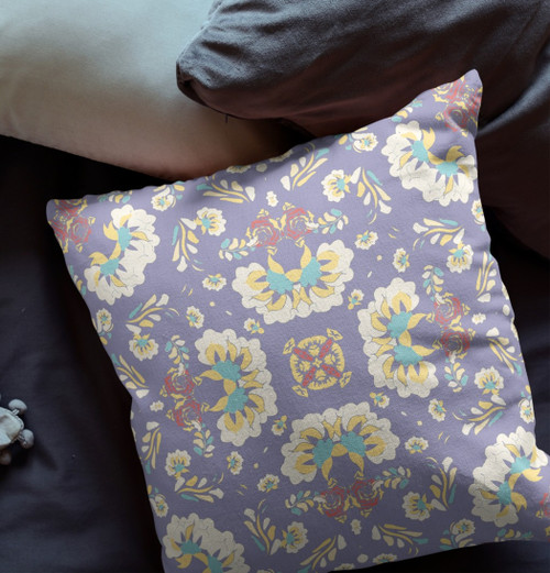18" Purple White Floral Indoor Outdoor Zip Throw Pillow