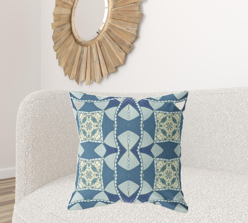 26" X 26" Blue And Cream Zippered Geometric Indoor Outdoor Throw Pillow