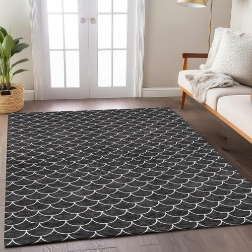 3' X 5' Black And Ivory Geometric Washable Indoor Outdoor Area Rug