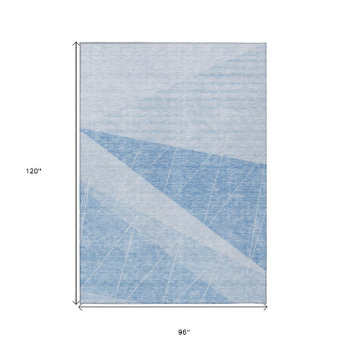 8' X 10' Sky Blue And Denim Blue Geometric Washable Indoor Outdoor Area Rug