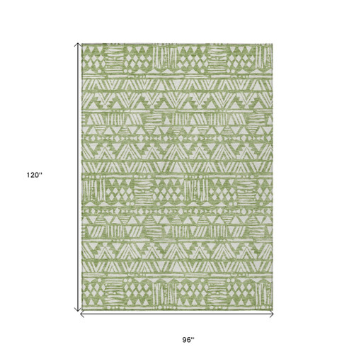 8' X 10' Green And Ivory Southwestern Washable Indoor Outdoor Area Rug