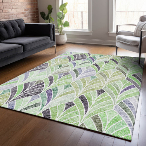 5' X 8' Artichoke Green And Mint Green Geometric Washable Indoor Outdoor Area Rug