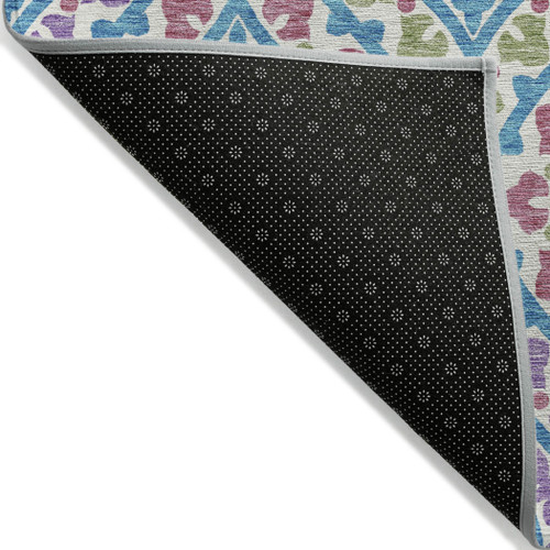 3' X 5' White Artichoke Green And Purple Floral Washable Indoor Outdoor Area Rug