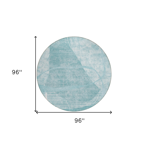 8' Turquoise Teal Blue And Ivory Round Abstract Washable Indoor Outdoor Area Rug