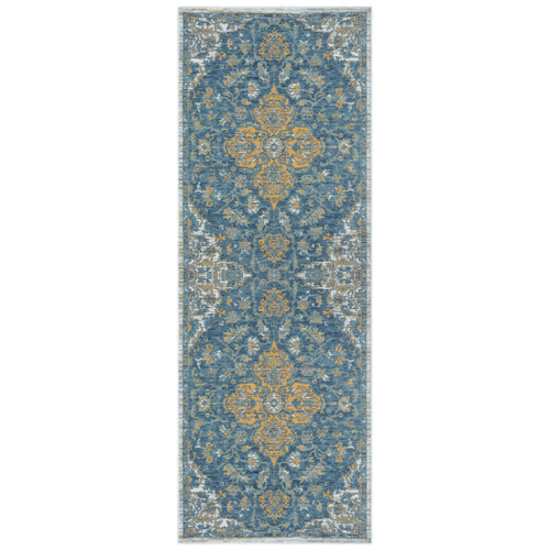 2' X 8' Blue and Ivory Medallion Stain Resistant Indoor Outdoor Runner Rug