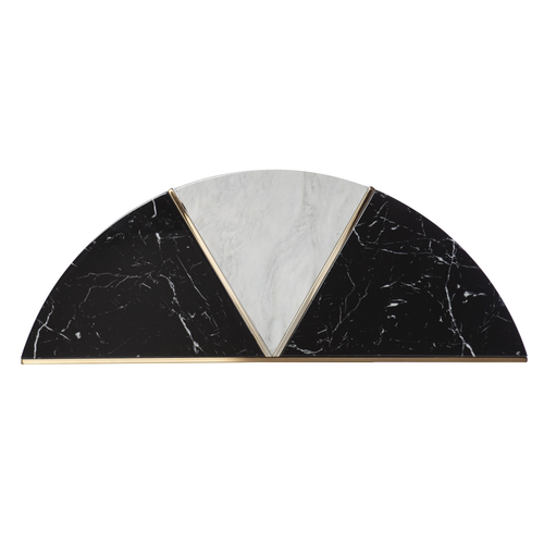 44" Black White and Champagne Faux Marble Half Moon Console Table With Shelves