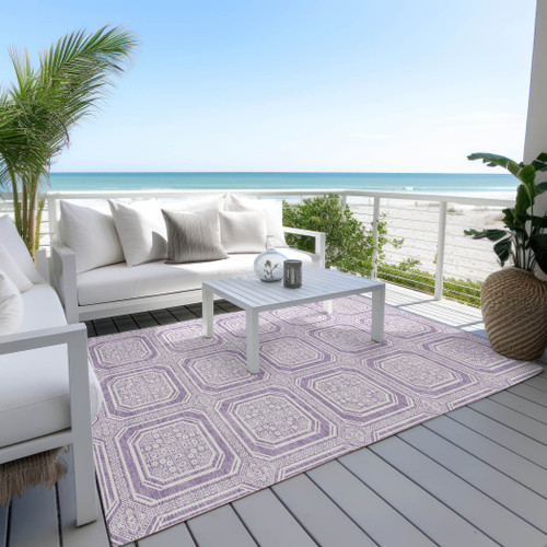 3' X 5' Lavender And Ivory Geometric Washable Indoor Outdoor Area Rug