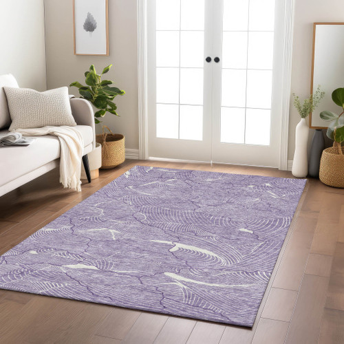 8' X 10' Purple And Ivory Abstract Washable Indoor Outdoor Area Rug