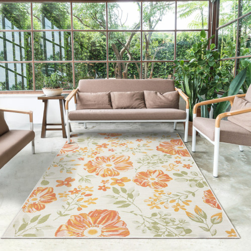 2' X 3' Ivory Green and Orange Floral Stain Resistant Indoor Outdoor Area Rug