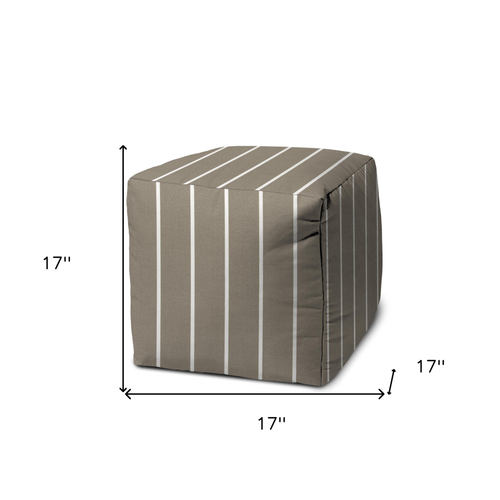 17" Taupe Polyester Cube Striped Indoor Outdoor Pouf Ottoman