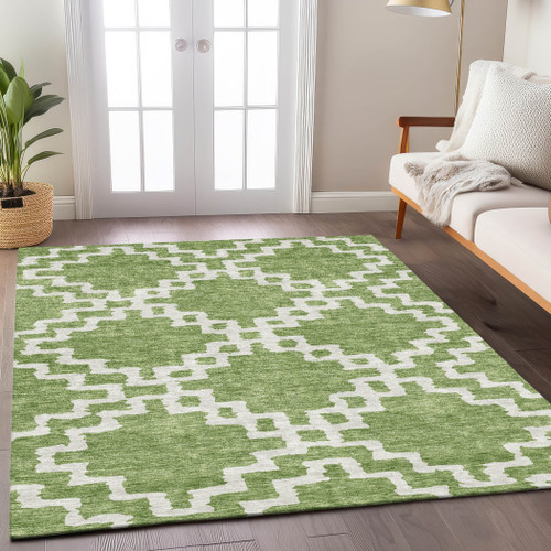 9' X 12' Artichoke Green And Ivory Geometric Washable Indoor Outdoor Area Rug