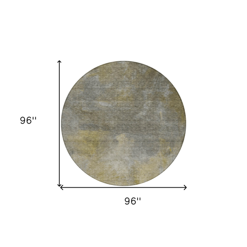 8' Pewter And Light Yellow Round Abstract Washable Indoor Outdoor Area Rug