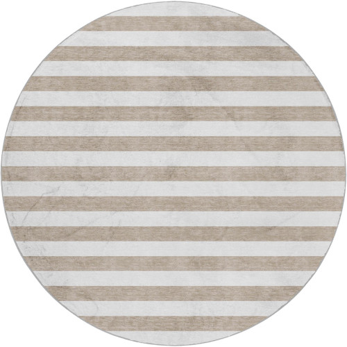 8' Taupe And Ivory Striped Shag Washable Round Rug With UV Protection