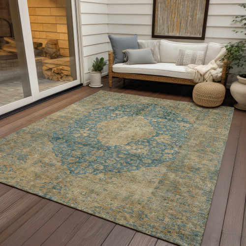 9' X 12' Blue And Beige Medallion Washable Indoor Outdoor Area Rug