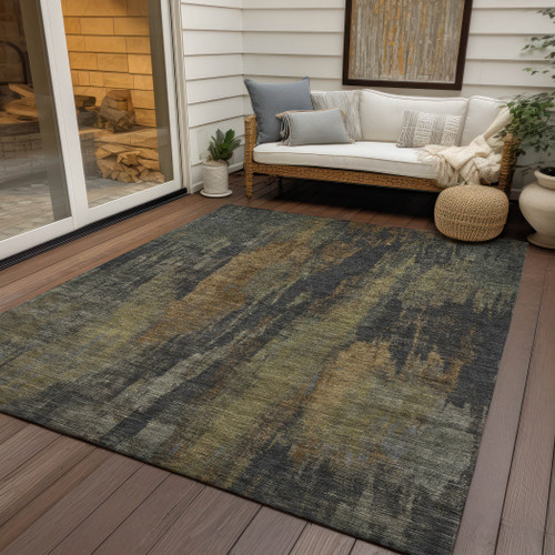 9' X 12' Charcoal And Gold Abstract Washable Indoor Outdoor Area Rug