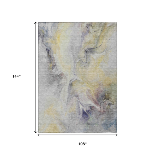 9' X 12' Gold Gray And Purple Abstract Washable Indoor Outdoor Area Rug