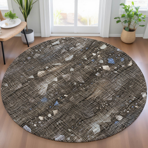 8' Chocolate And Beige Round Abstract Washable Indoor Outdoor Area Rug