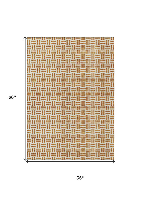 3' X 5' Copper And Ivory Geometric Washable Indoor Outdoor Area Rug