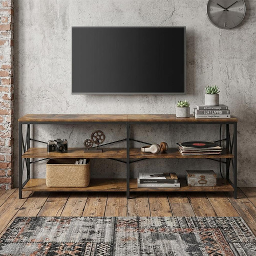 63" Brown And Black Wood Open Shelving TV Stand