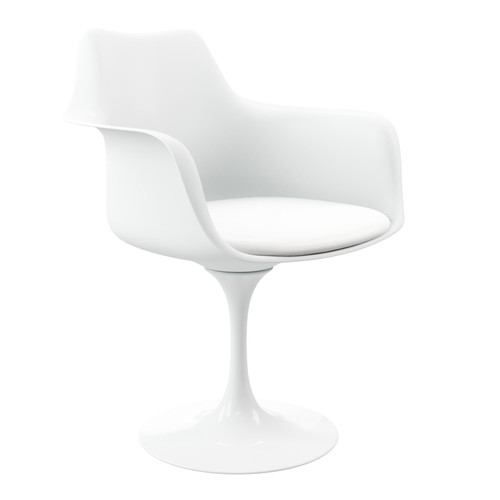 Set of Four White Faux Leather Swivel Dining Arm Chairs
