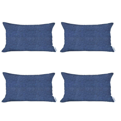Set Of Four 20" X 12" Blue Zippered Handmade Polyester Lumbar Pillow