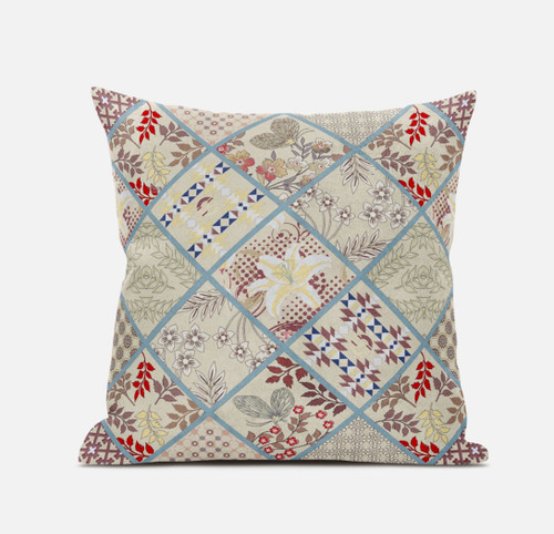 18 Cream Red Patch Suede Zippered Throw Pillow