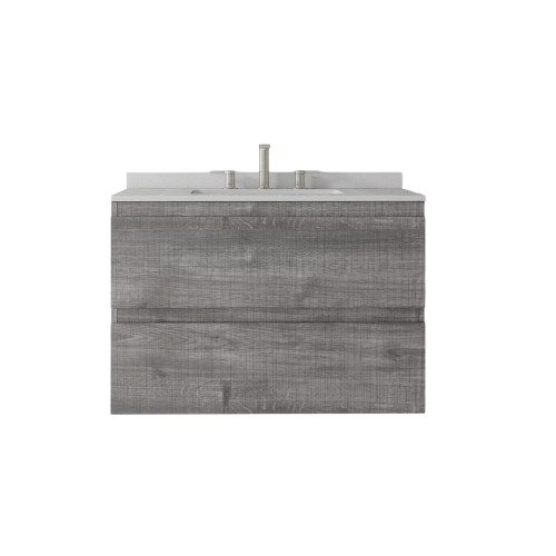 30" Gray Wood Floating Bathroom Vanity With White Sink And Two Drawers