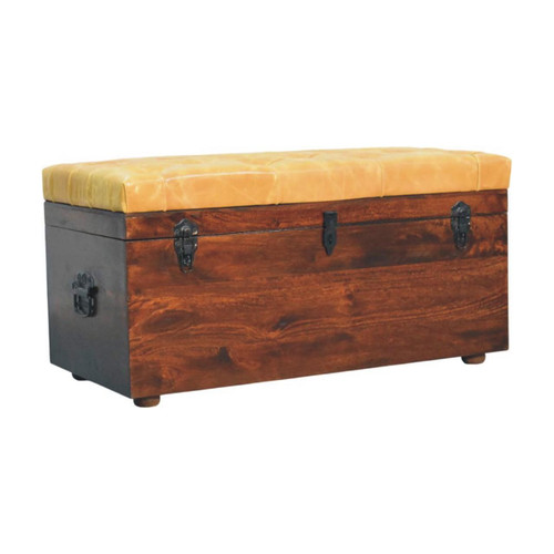 35" Tan and Walnut Genuine Leather and Solid Wood Upholstered Storage Bench With Flip Top