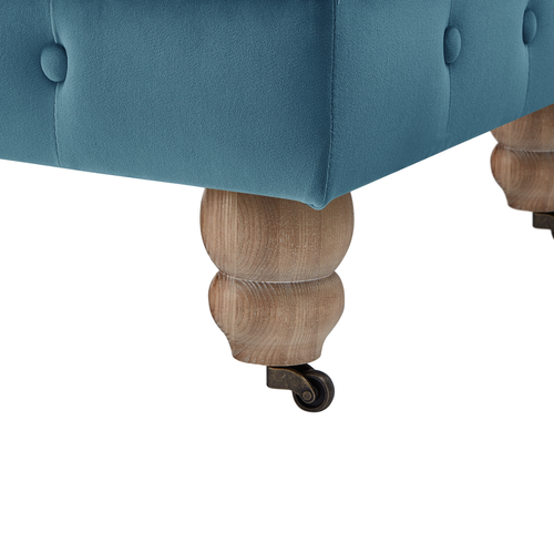25" Teal Blue Velvet And Natural Rolling Tufted Cocktail Ottoman